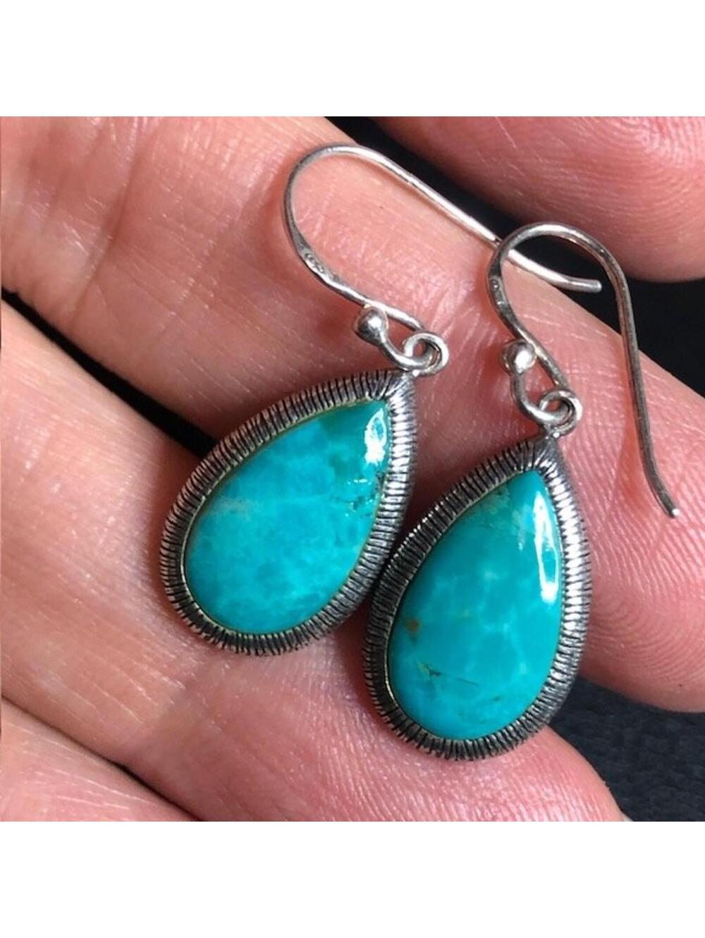B3189 Boma Teardrop Drop Dangle Earrings Sterling Silver 1.25" Natural Turquoise